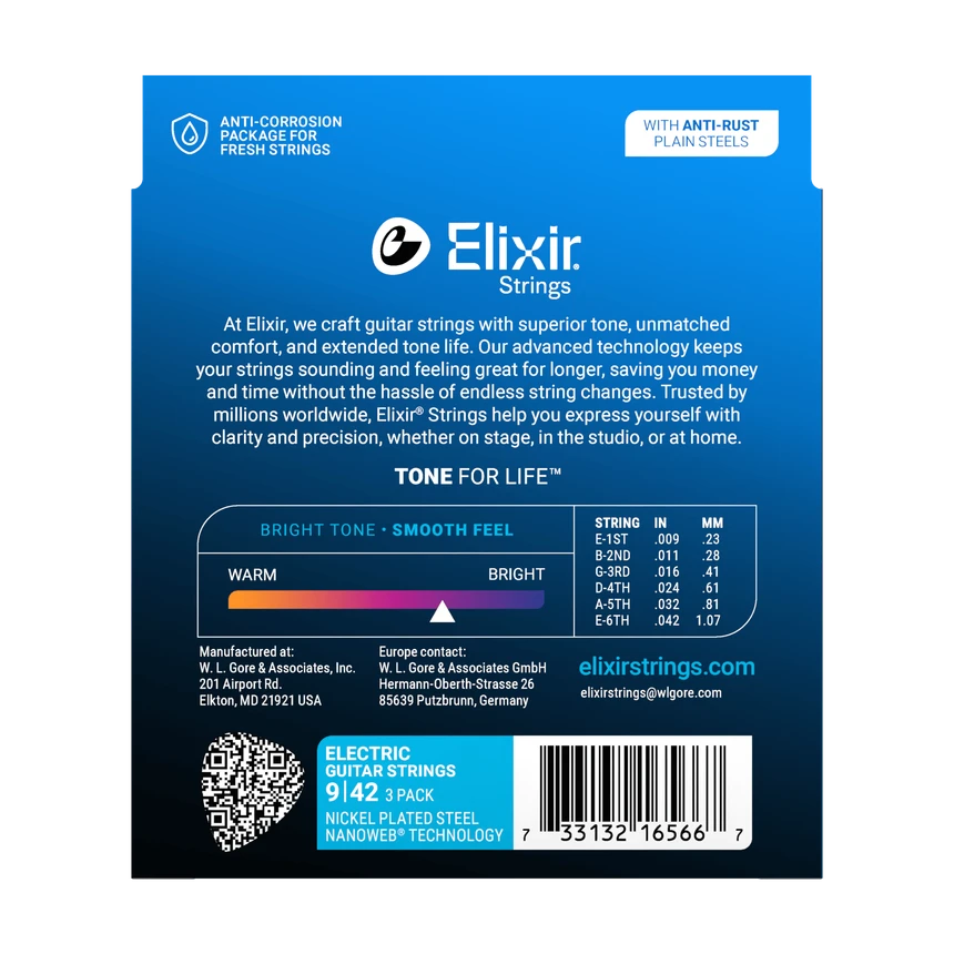 Elixir 16566 3-Pack Nanoweb Nickel Plated Steel Electric Guitar Strings, 9-42