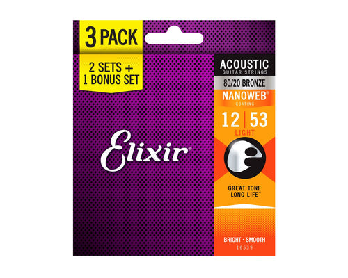 Elixir 3-Pack Nanoweb 80/20 Bronze Acoustic Guitar Strings
