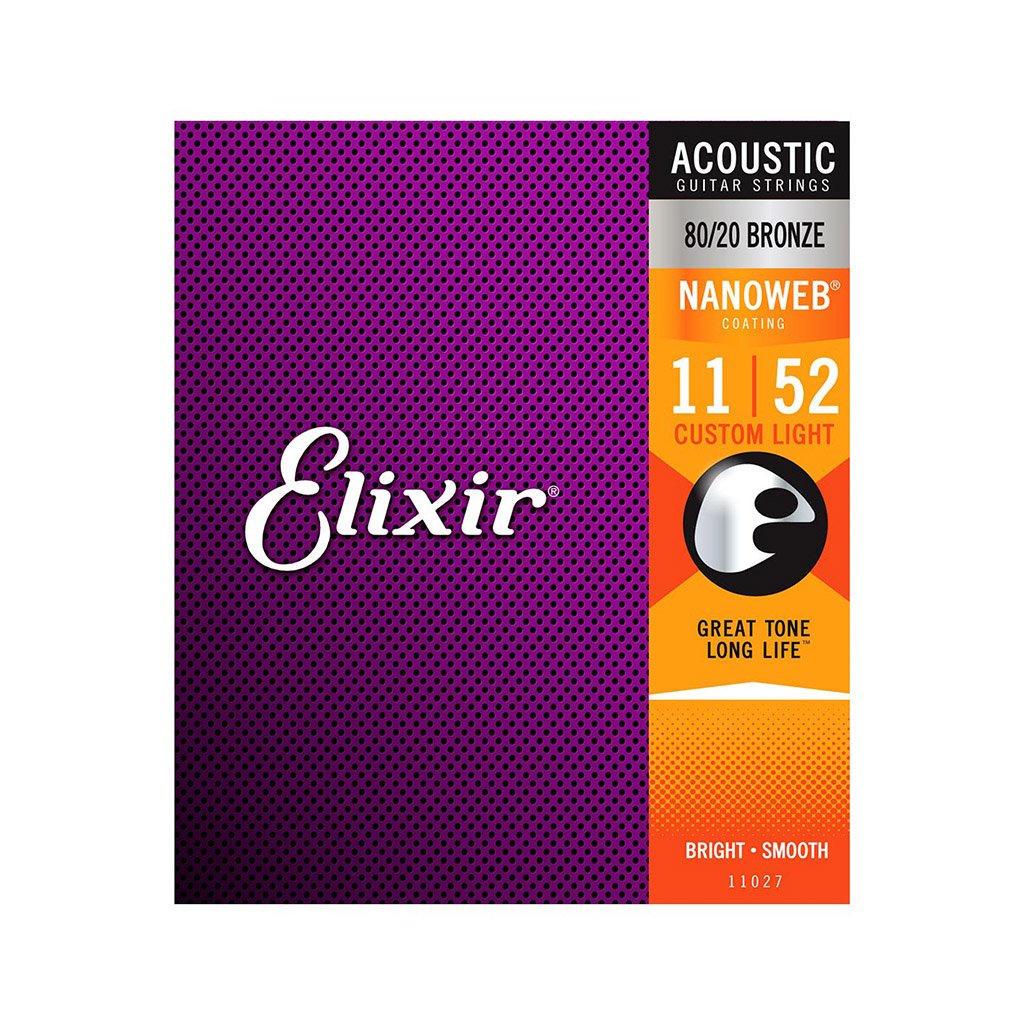 Elixir 11027 Nanoweb 80/20 Bronze Acoustic Guitar Strings, 11-52