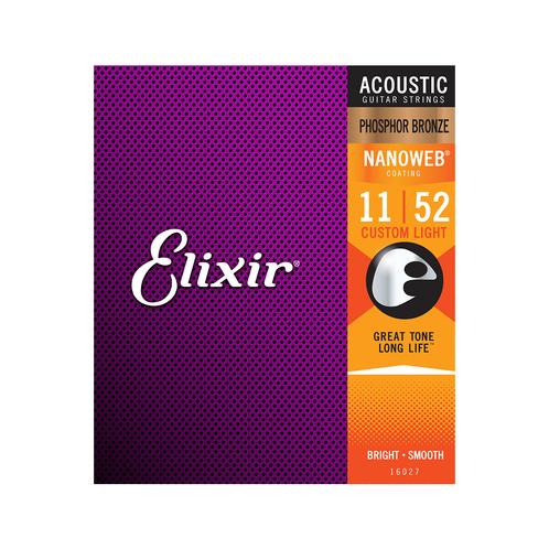 Elixir 16027 Nanoweb Phosphor Bronze Acoustic Guitar Strings, 11-52