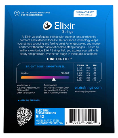 Elixir 12002 Nanoweb Nickel Plated Steel Electric Guitar Strings, 9-42