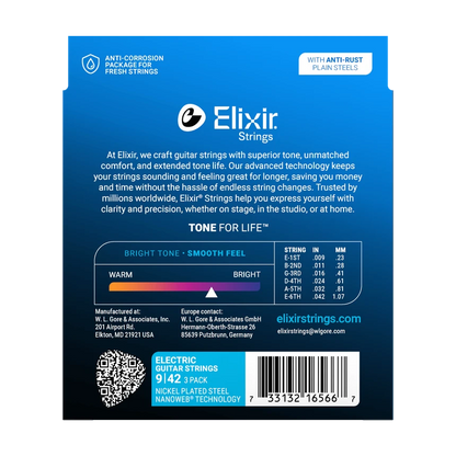 Elixir 16566 3-Pack Nanoweb Nickel Plated Steel Electric Guitar Strings, 9-42