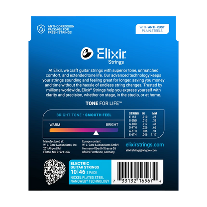 Elixir 16567 3-Pack Nanoweb Nickel Plated Steel Electric Guitar Strings, 10-46