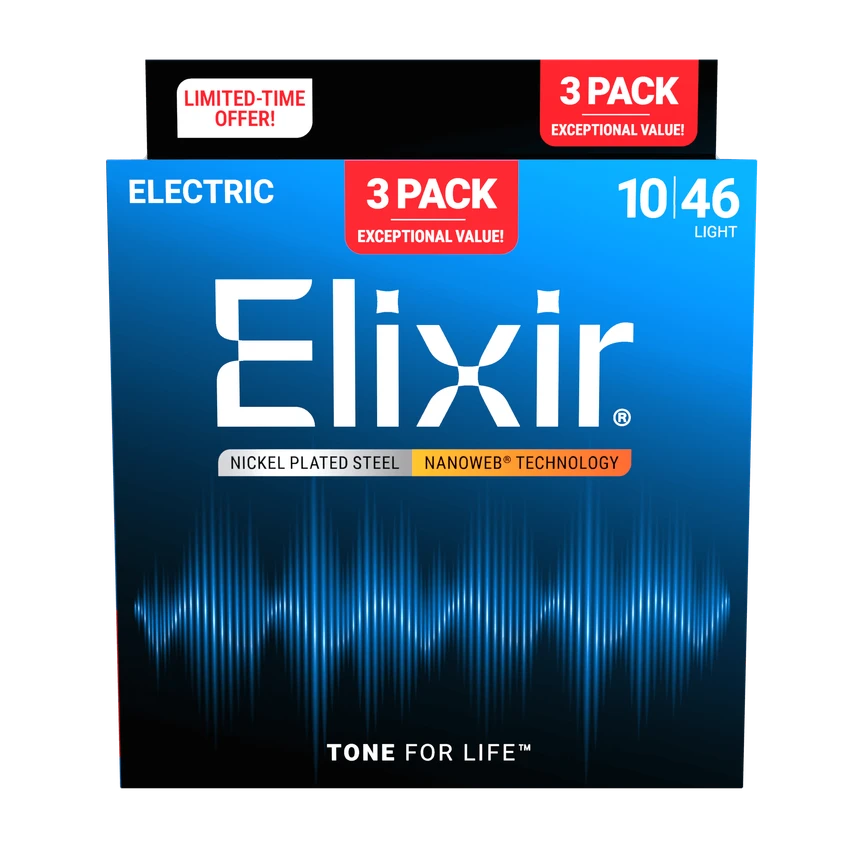 Elixir 16567 3-Pack Nanoweb Nickel Plated Steel Electric Guitar Strings, 10-46