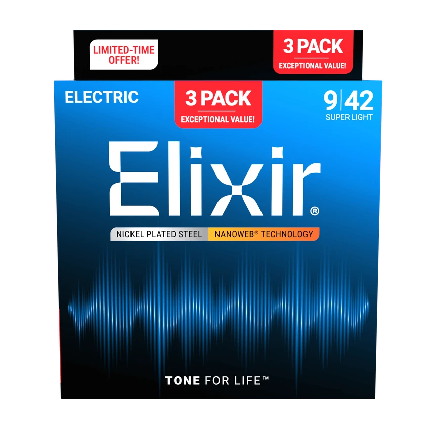 Elixir 16566 3-Pack Nanoweb Nickel Plated Steel Electric Guitar Strings, 9-42