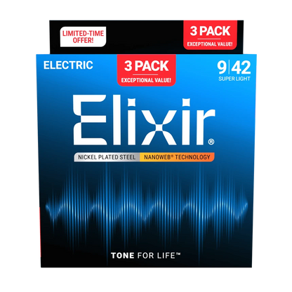 Elixir 16566 3-Pack Nanoweb Nickel Plated Steel Electric Guitar Strings, 9-42
