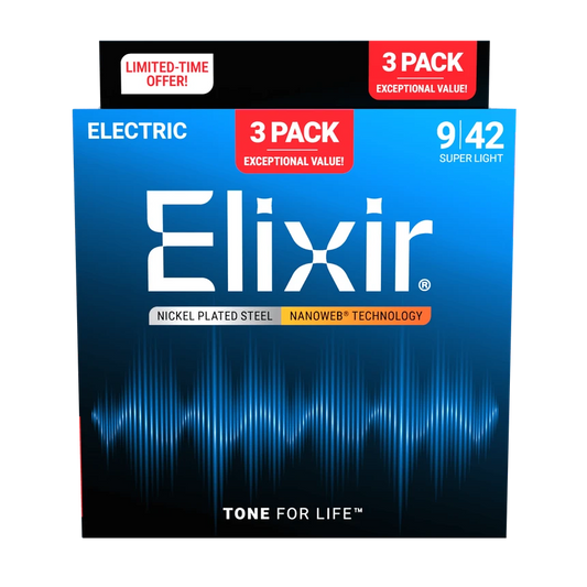 Elixir 16566 3-Pack Nanoweb Nickel Plated Steel Electric Guitar Strings, 9-42