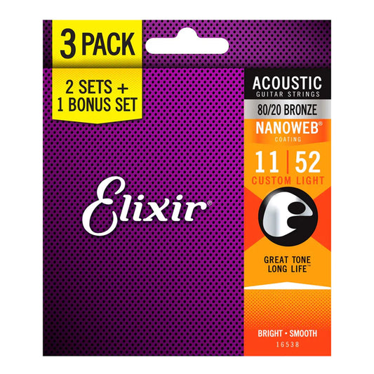 Elixir 3-Pack Nanoweb 80/20 Bronze Acoustic Guitar Strings