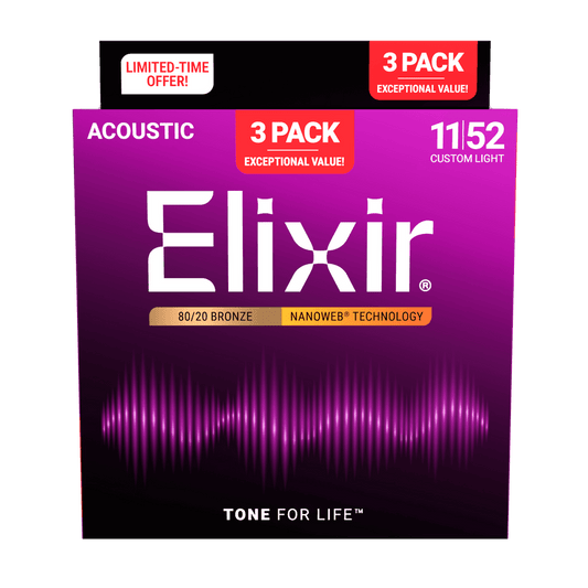 Elixir 16564 3-Pack 80/20 Nanoweb Acoustic Guitar Strings, 11-52