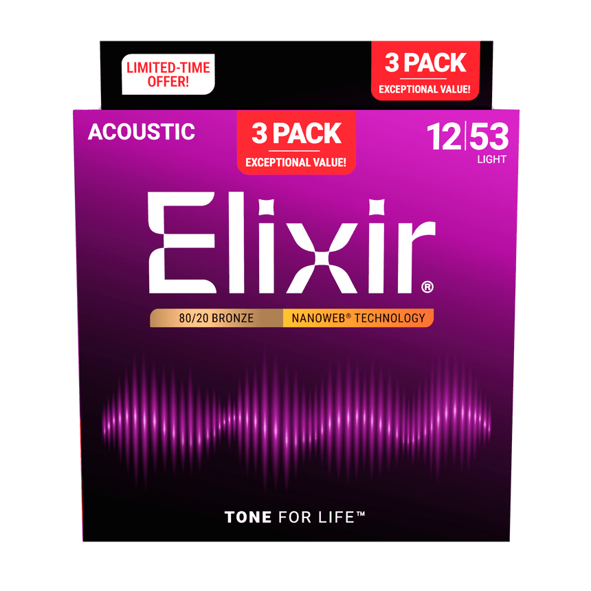 Elixir 16565 3-Pack 80/20 Nanoweb Acoustic Guitar Strings, 12-53