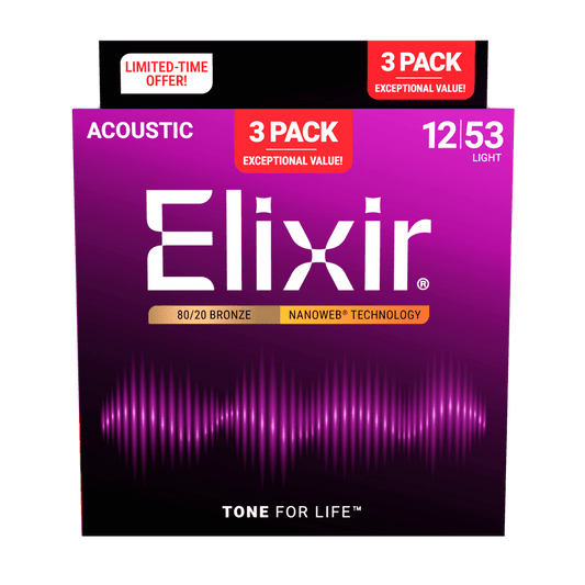 Elixir 16565 3-Pack 80/20 Nanoweb Acoustic Guitar Strings, 12-53