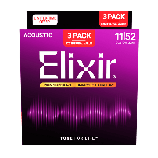 Elixir 16568 3-Pack Phosphor Bronze Nanoweb Acoustic Guitar Strings, 11-52