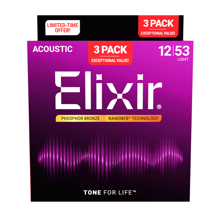 Elixir 16569 3-Pack Phosphor Bronze Nanoweb Acoustic Guitar Strings, 12-53