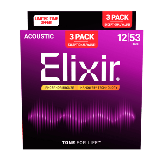 Elixir 16569 3-Pack Phosphor Bronze Nanoweb Acoustic Guitar Strings, 12-53
