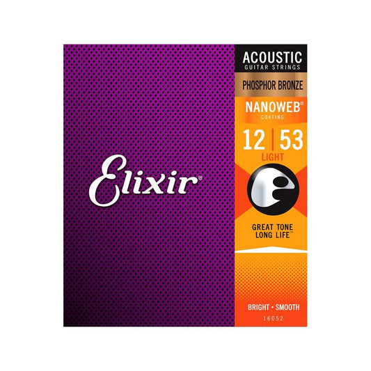 Elixir 16052 Nanoweb Phosphor Bronze Acoustic Guitar Strings, 12-53